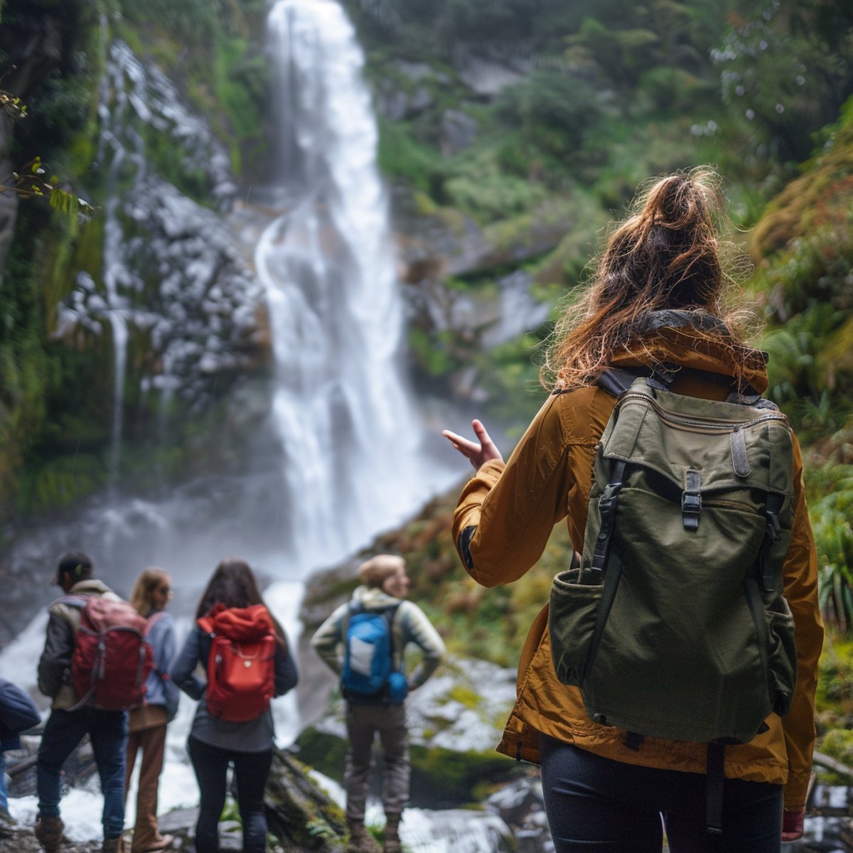 Travelers admiring a waterfall together